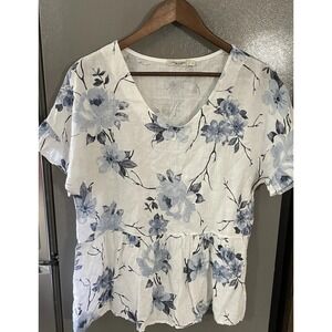 Lungo L'Arno Women's Large Floral 100% Linen Short Sleeve Round Neck Blouse